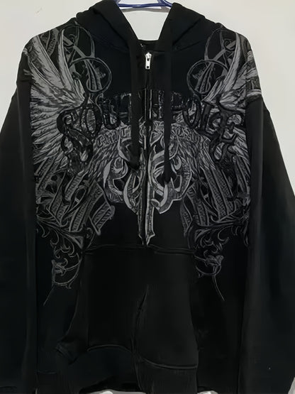 Y2K MMA Elite Zip Up Hoodie, Red Vintage Graphic Streetwear Jacket with Gothic Skull Wing Print, Full Zip Sweatshirt for Fall Winter, Unisex Hip Hop  Style Hoodie for Teens Men Women Couples, American Aesthetic Fashion Outerwear