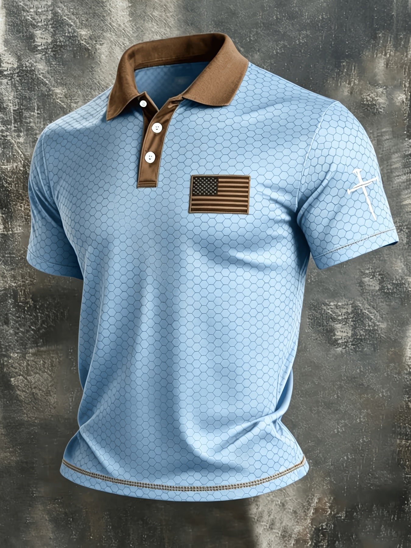 American Flag Gradient Cross Print Polo Shirt for Men's Casual Lapel Short Sleeved Patriotic Themed Commuting Top, American Flag Armband Contrasting Striped Short Sleeved Casual Business Lapel Top