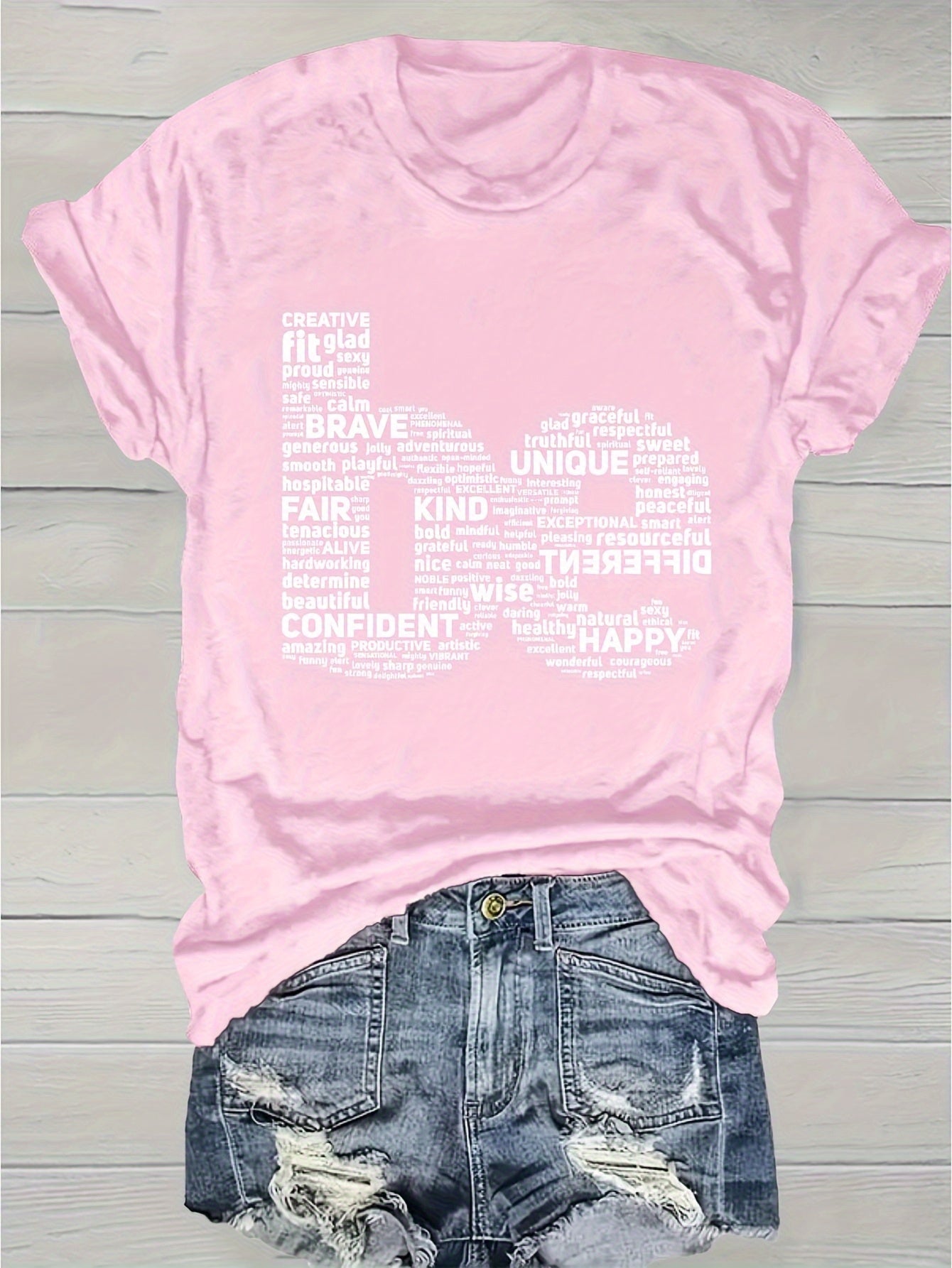 Women's Inspirational Word Cloud Print T-Shirt - Soft Breathable Round Neck Short Sleeve, Light Grey with Positive Affirmations, Medium Stretch Casual Top for Spring Summer Daily & Party Wear, Machine Washable