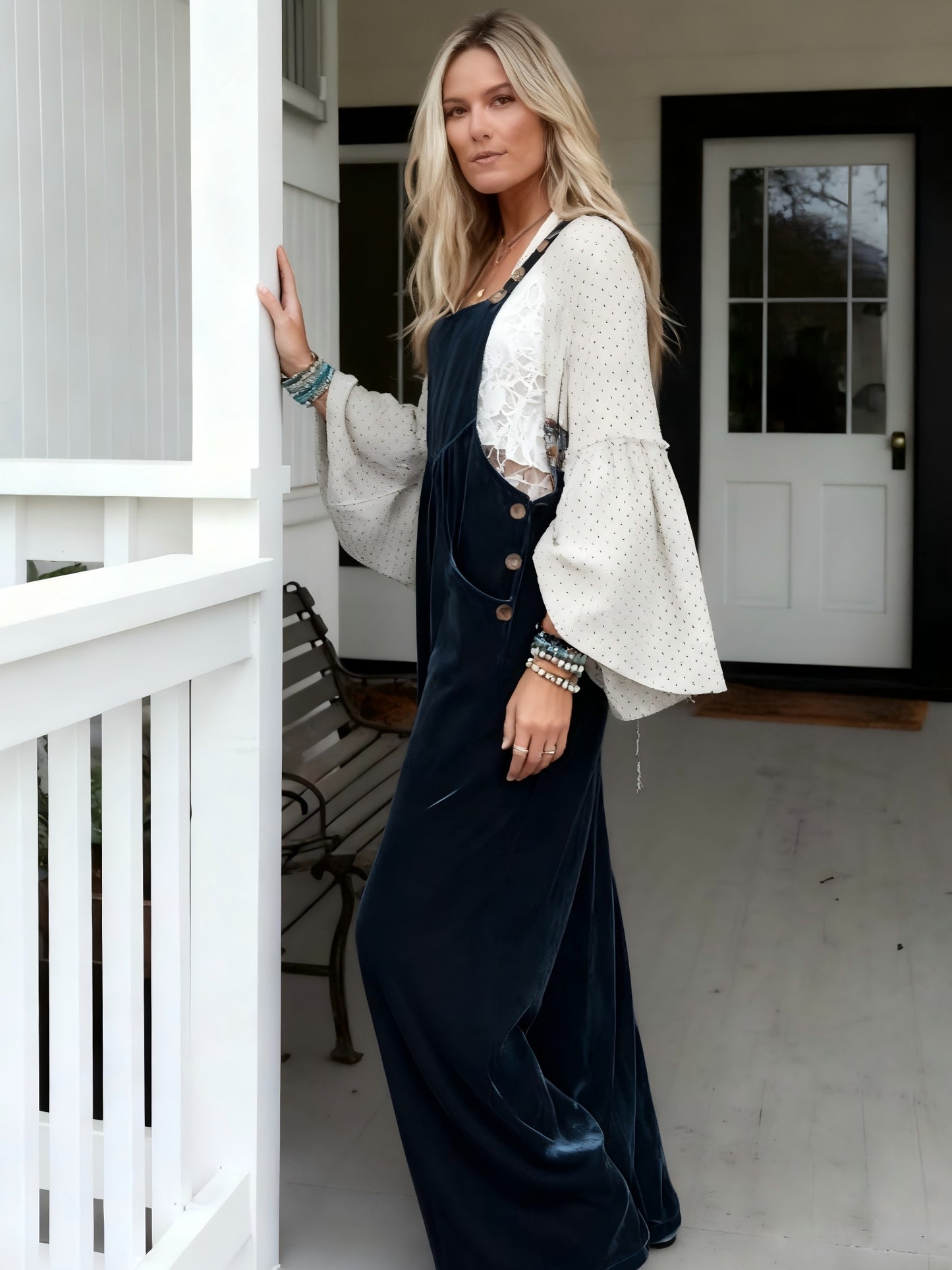 Four Seasons  Solid Velvet Overalls, Glossy Fabric Adjustable Buckle Wide Leg Pants Jumpsuit