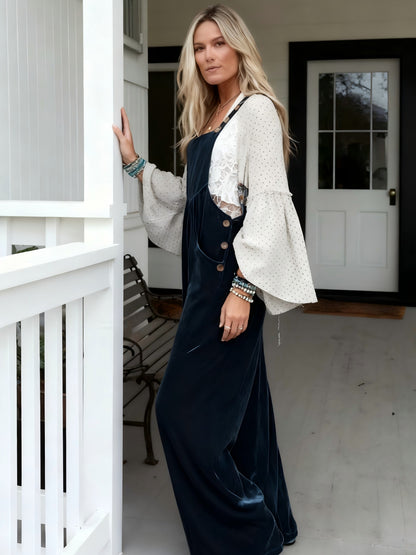 Four Seasons  Solid Velvet Overalls, Glossy Fabric Adjustable Buckle Wide Leg Pants Jumpsuit
