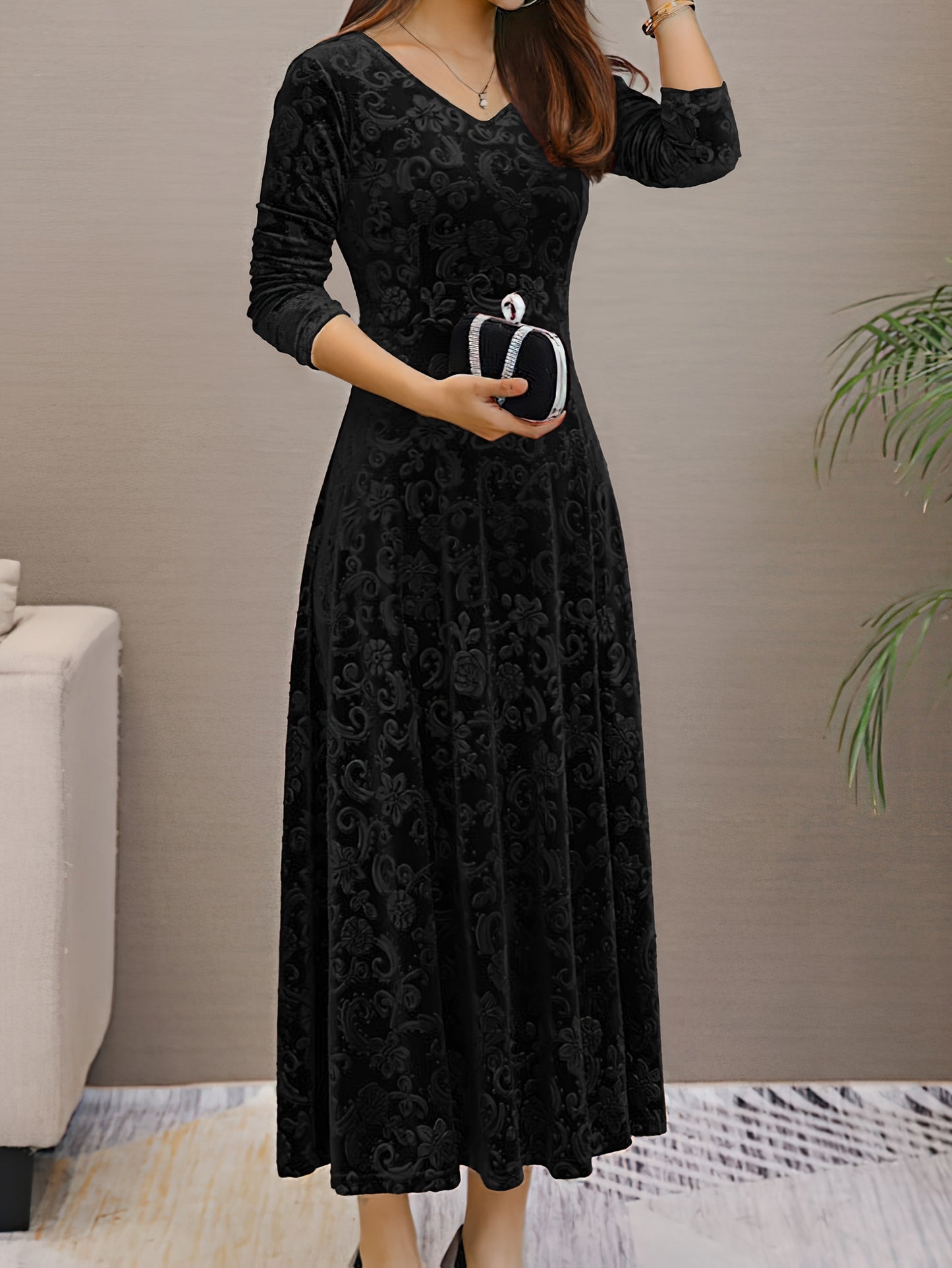 Autumn Women's Velvet Embossed Long Sleeve Dress, Bodycon V-Neck Midi Flared Elegant Evening Party Wedding Guest Gown