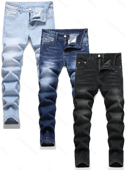 3pcs Of Jeans] Boys' Retro Distressed P'd Slim Fit Washed Denim Jeans, Boys' Casual Multi Piece Jeans, All Season Collectio