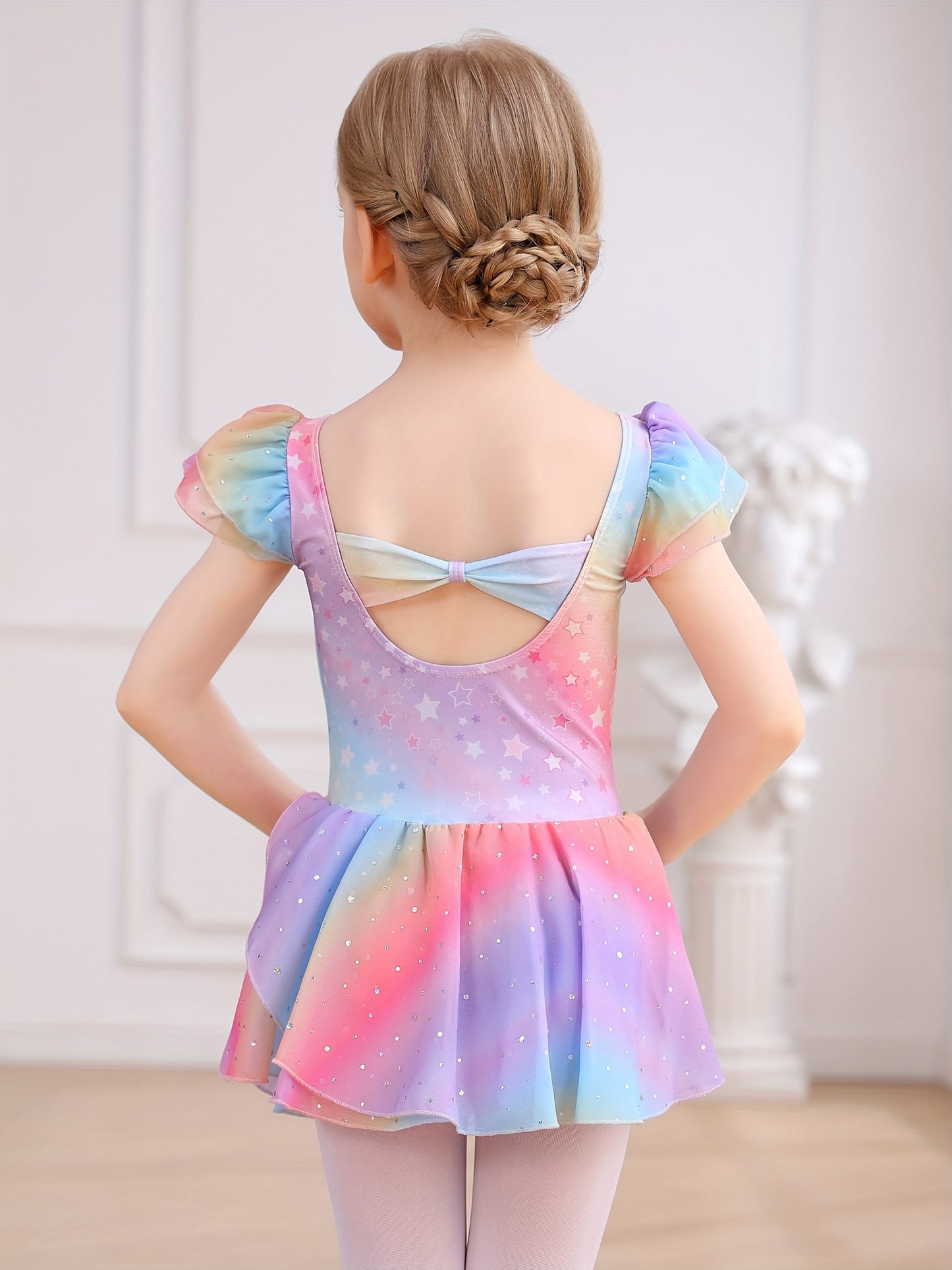 Christmas Girl's Dress; Dress; Dance Dress; One-piece Training Suit; Summer Rainbow Gradient Dress; Mesh Dress; Sweet Petal Sleeves; One-piece Dress; Children's Ballet Leotard; Back Bow.