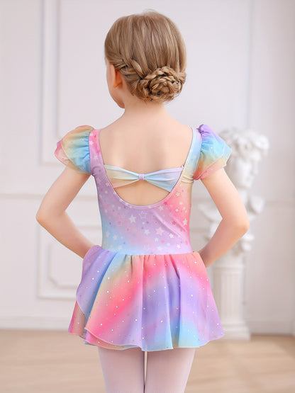 Christmas Girl's Dress; Dress; Dance Dress; One-piece Training Suit; Summer Rainbow Gradient Dress; Mesh Dress; Sweet Petal Sleeves; One-piece Dress; Children's Ballet Leotard; Back Bow.