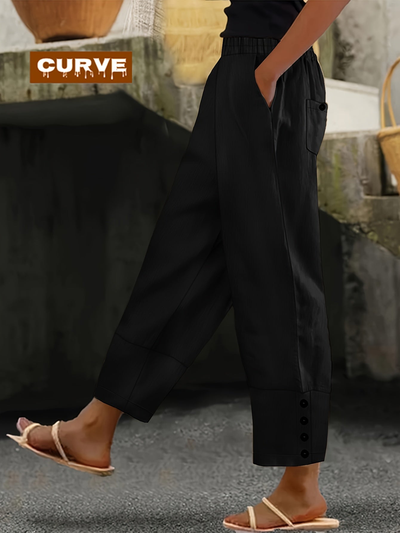 Plus Size - Spring, Summer And Autumn Large-sized Casual Trousers, Solid Color, Button Design, Elastic Waist, Pockets, Large-sized Women'S Harem Trousers For Casual Daily