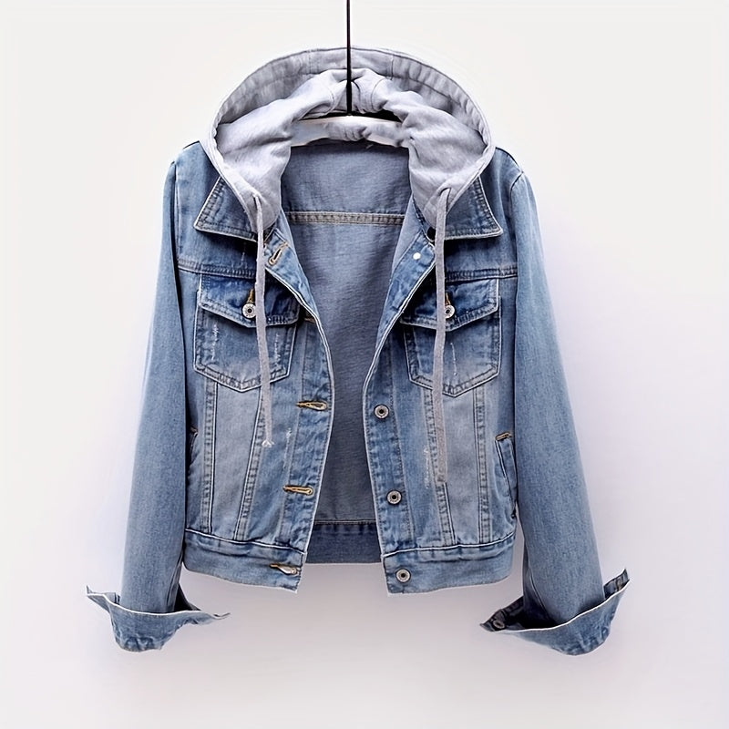 Plus Size Women's Casual Denim Jacket, Long-sleeved Hooded Short Denim Coat. The Hood Can Be Detached. It Is Suitable for Spring And Autumn Seasons And Any Occasion