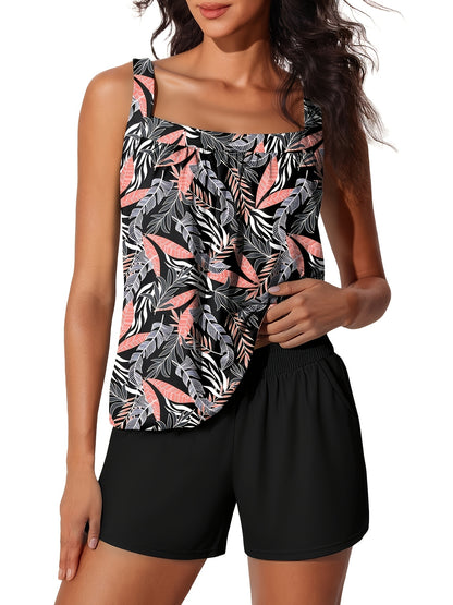 Modest Tummy Control Blouson Women'S Tankini Swimsuits Bathing Suits Swim Shorts With Pockets For Beach