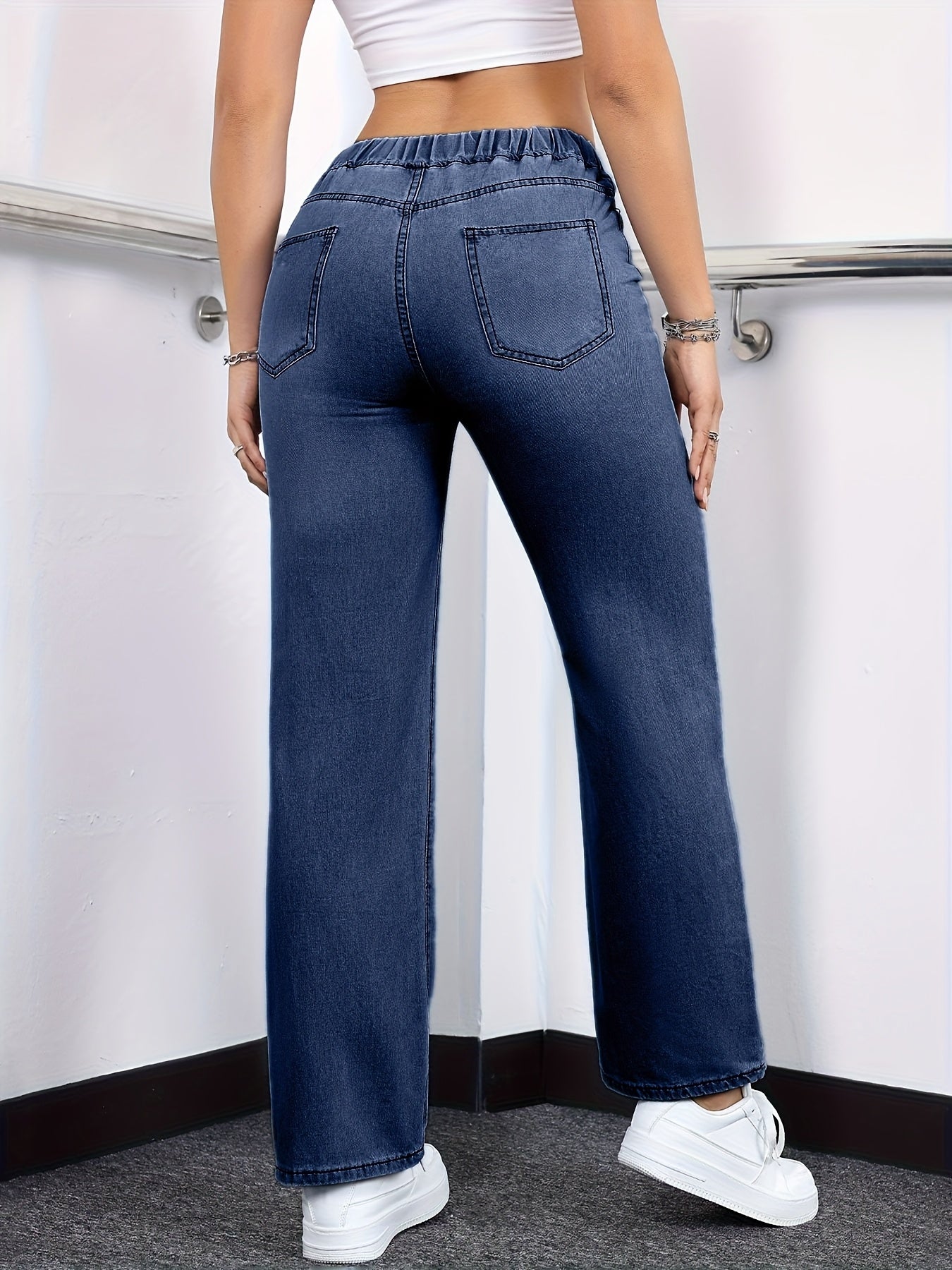 [Drawstring Waist Jeans] Plus Size Women's Drawstring Waist Straight Leg Jeans | High Waist Stretchy Washed Denim | Casual Trendy Comfy Jeans for Daily Wear | Flattering Fit