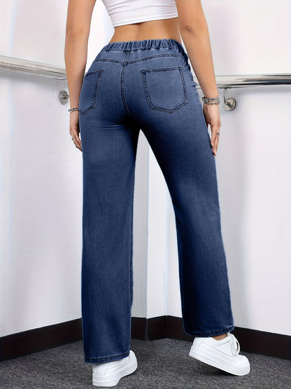 [Drawstring Waist Jeans] Plus Size Women's Drawstring Waist Straight Leg Jeans | High Waist Stretchy Washed Denim | Casual Trendy Comfy Jeans for Daily Wear | Flattering Fit