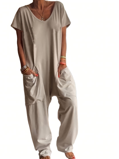 Plus Size - Plus Size - Women'S Solid Color Casual Baggy Pocket Romper