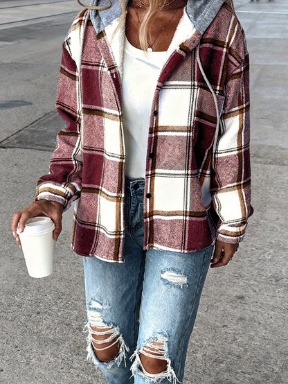 Plaid Hooded Jacket for Women Featuring a Lining, Perfect for Chilly Fall And Winter Days. It Has an Adjustable Hood And a Button-Front Closure, And Is Machine Washable. Available in Brown, Beige, White, And Black