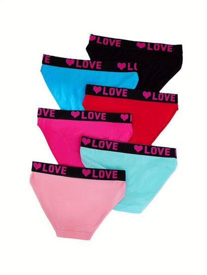 6pcs Seamless Women'S Underwear, Simple Letter Love Pattern, Comfortable Stretch Fabric Lingerie in Red, Black, Blue, Pink, Green, Beige