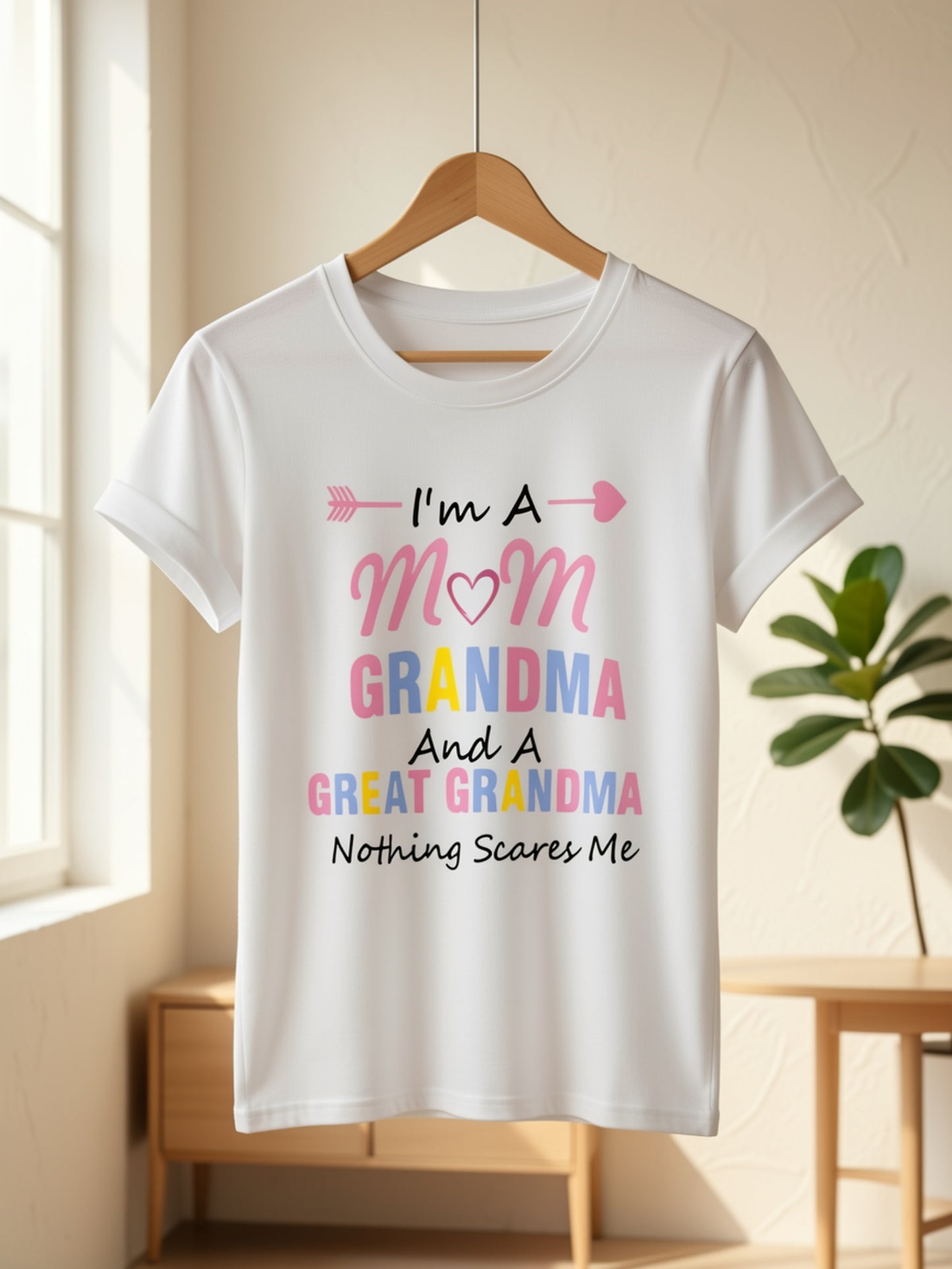 Women's Casual Crew Neck T-shirt, Fabric, Slightly Stretchy, Short-sleeved Graphic Print Top, Suitable for All Seasons, Featuring the Design "I Am a Mother, Grandmother, and Great-grandmother".