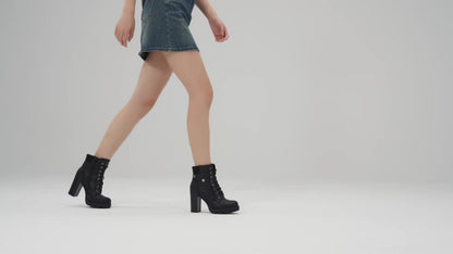 Women Short Boots Fall Winter Boots Women's Lace up Combat Ankle Boots High Chunky Heel Fashion Heeled Booties Shoes Black Boots