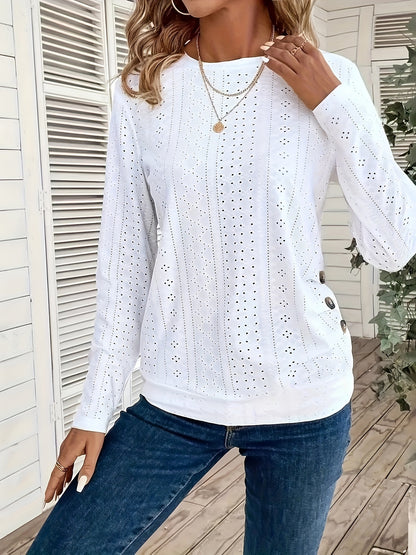 Chic Long-Sleeved Crew Neck Tee - Made from Soft Elastic, Featuring Faux Button Details, Machine Washable, Solid Hue, Length, Ideal for Spring And Autumn - Women'S Fashion Apparel