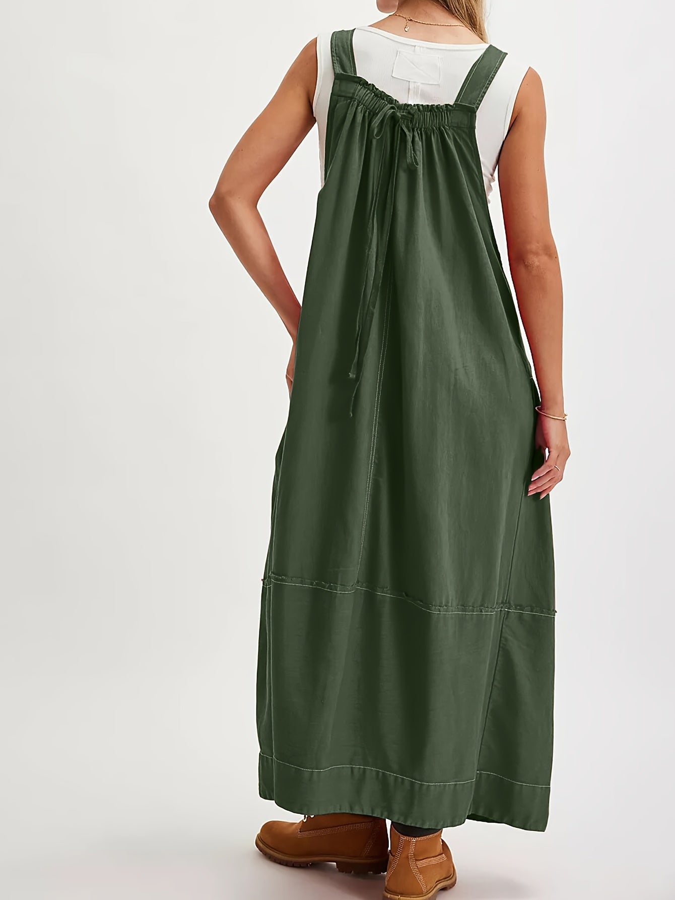 [Loose Midi Dress] Women's Loose Adjustable Strap Midi Overall Dress with Big Pockets in Workwear Style