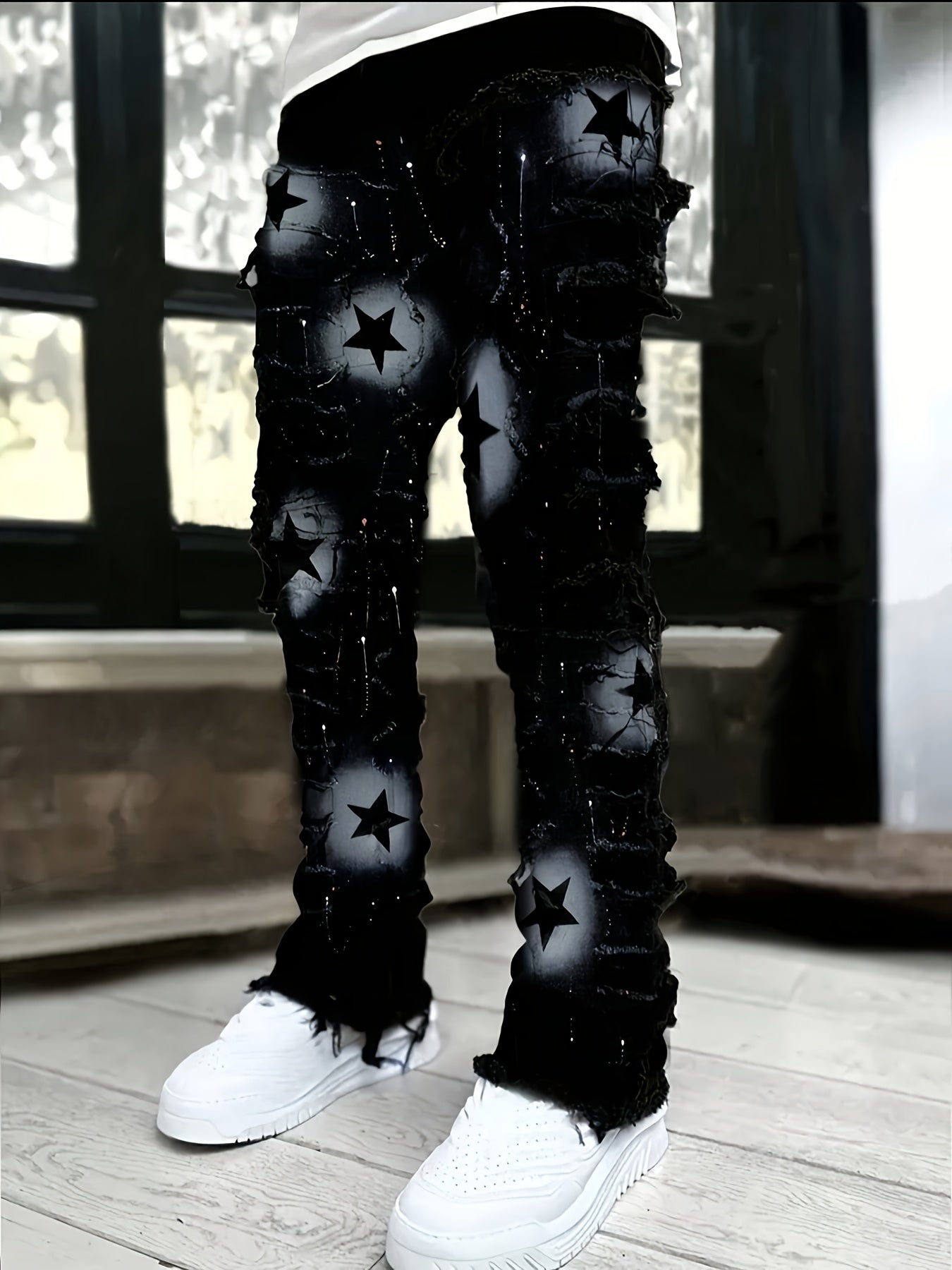 Men'S Star Print Fashion Layered Tassel Jeans