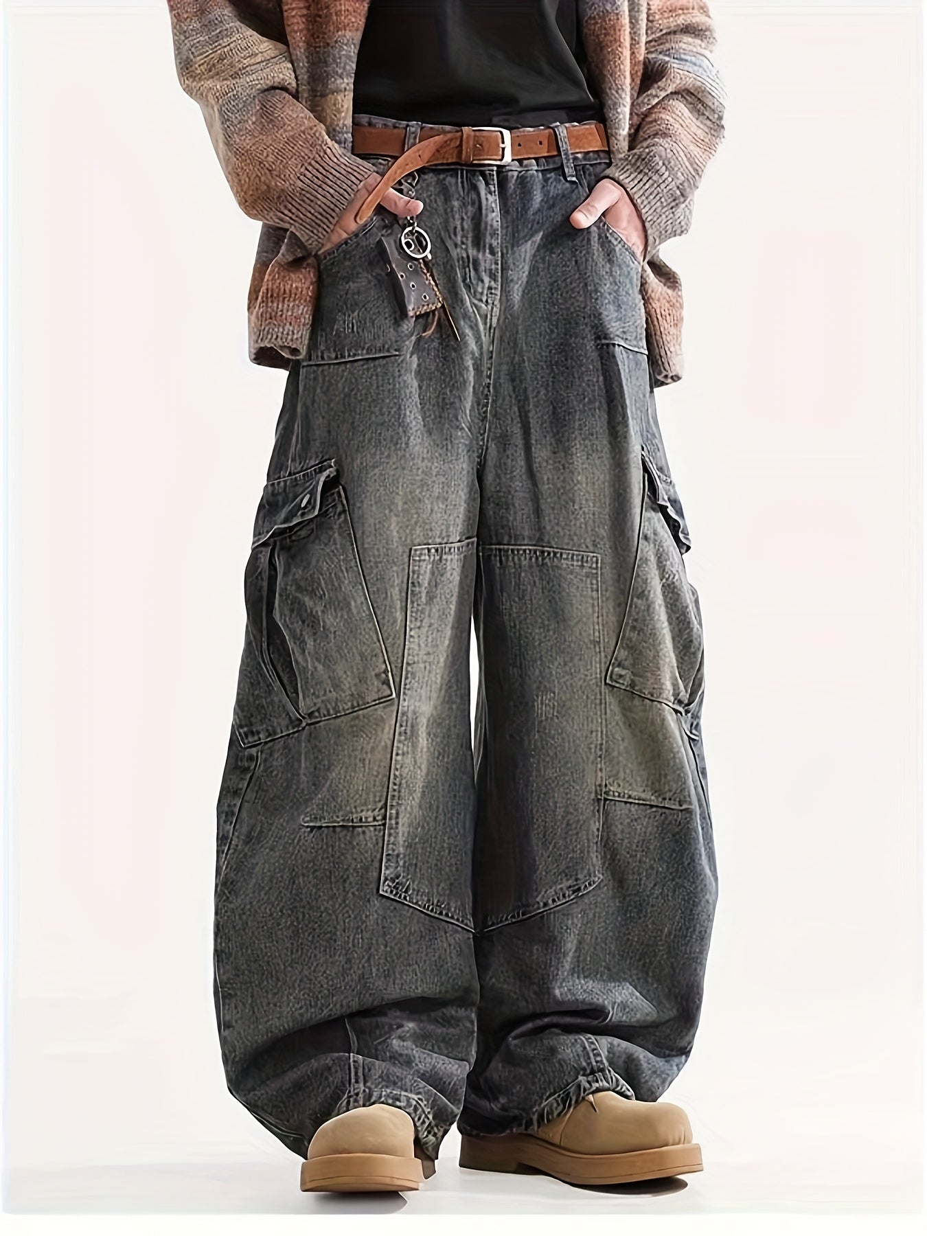 Men'S Retro Oversized Multi-Pocket Workwear Jeans, Hip-Hop Denim Trousers, Unisex Casual Loose Pants, Suitable for Any Season