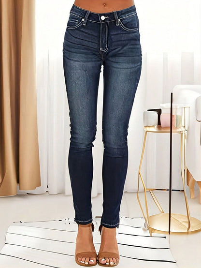 Women's Mid-Rise Butt-Lifting Skinny Jeans - 2025 Summer Color Block Stitching, European & American High Street Fashion, Stretch Denim with Pockets, All-Season Figure-Flattering Jeans for Everyday & Night Out, Comfortable Fashion | Medium Elasticity