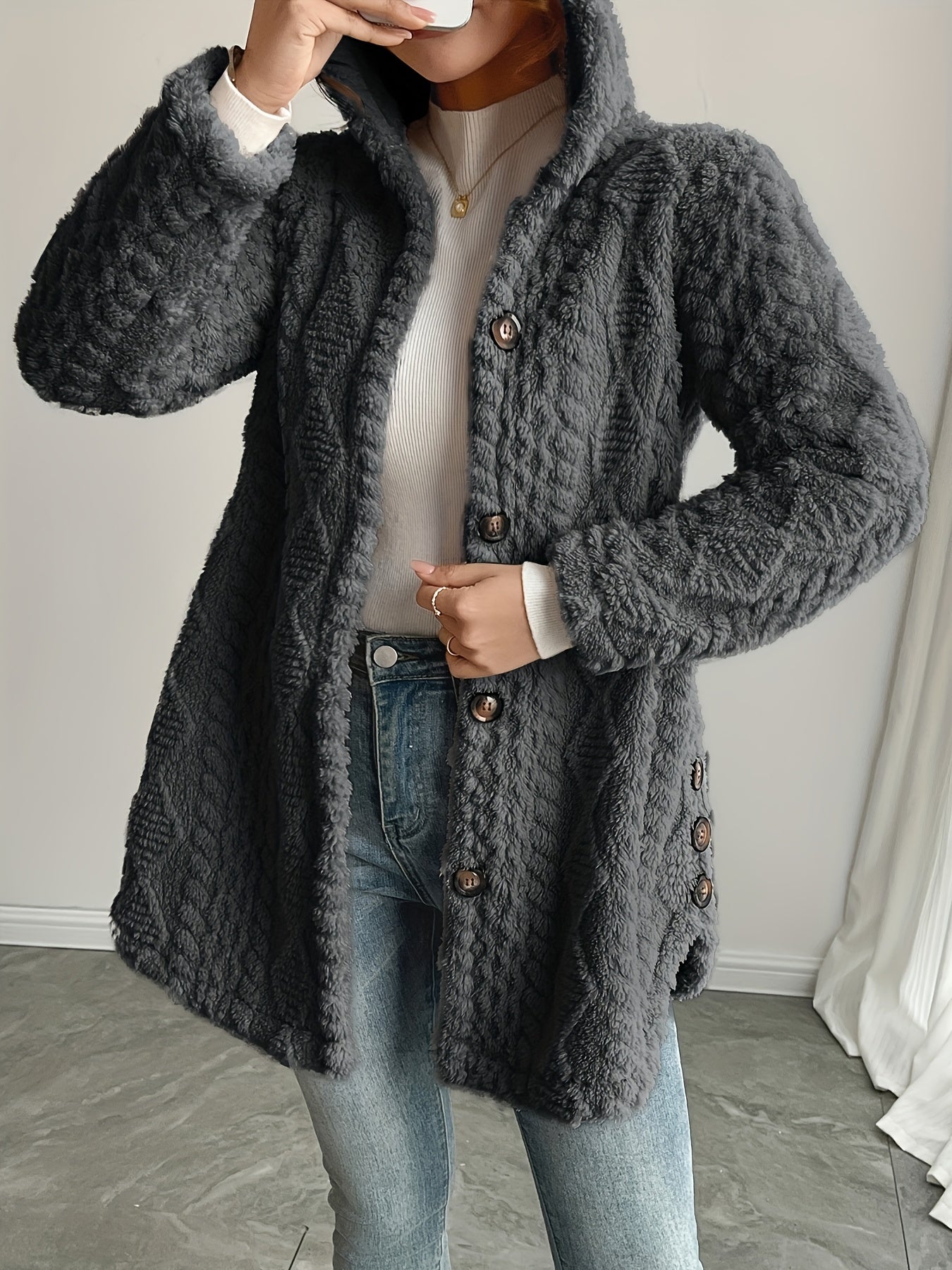 Hooded Fuzzy Coat Mid-Length Jacket with Buttons Soft Warm Winter Fall Outfits 5 Colors