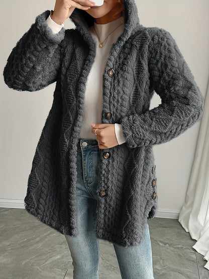 Hooded Fuzzy Coat Mid-Length Jacket with Buttons Soft Warm Winter Fall Outfits 5 Colors