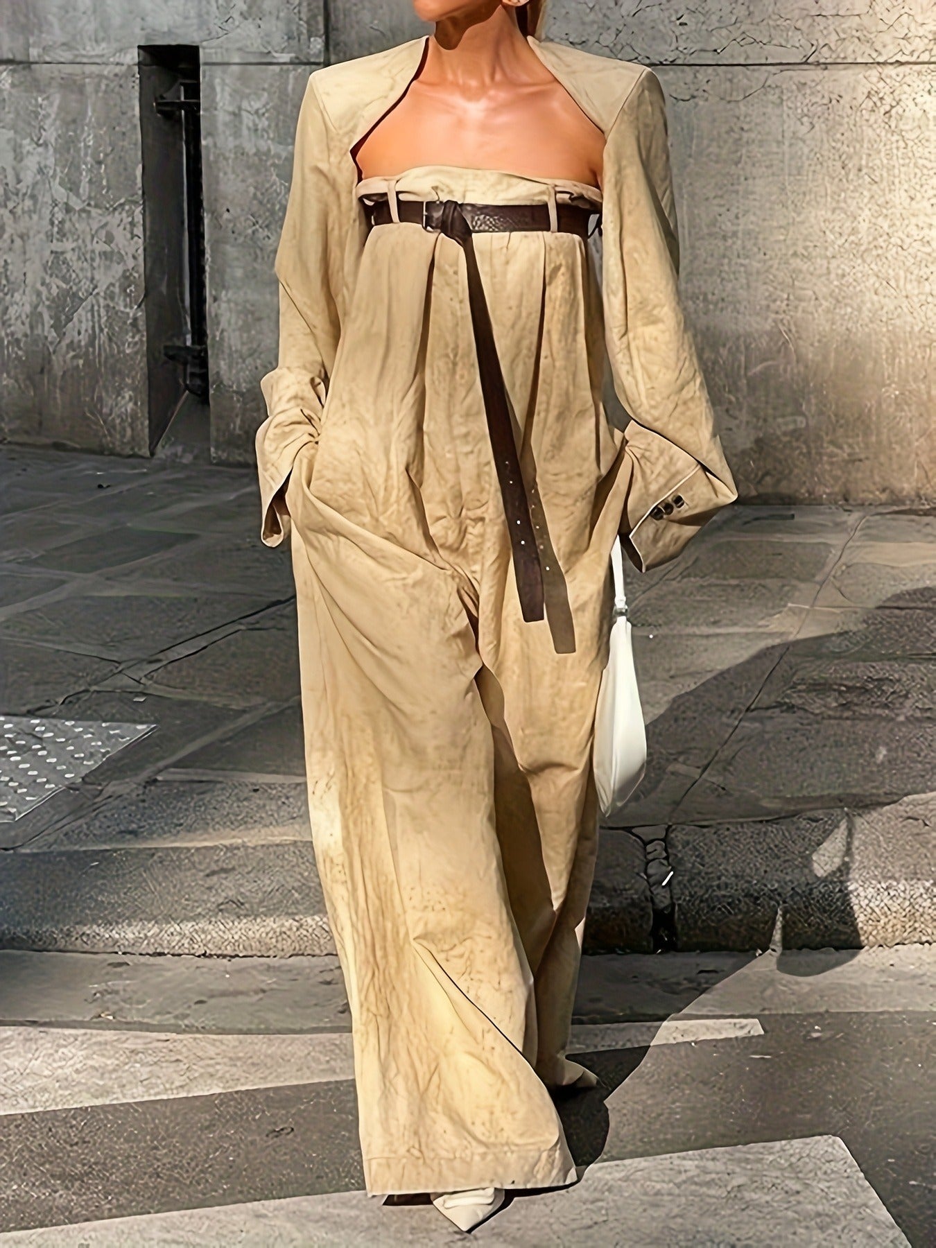 Alofi Women'S Stylish Jumpsuit Set Collarless Long Sleeve Outerwear And Strapless Wide Leg Jumpsuits Summer Loose Fit Suit
