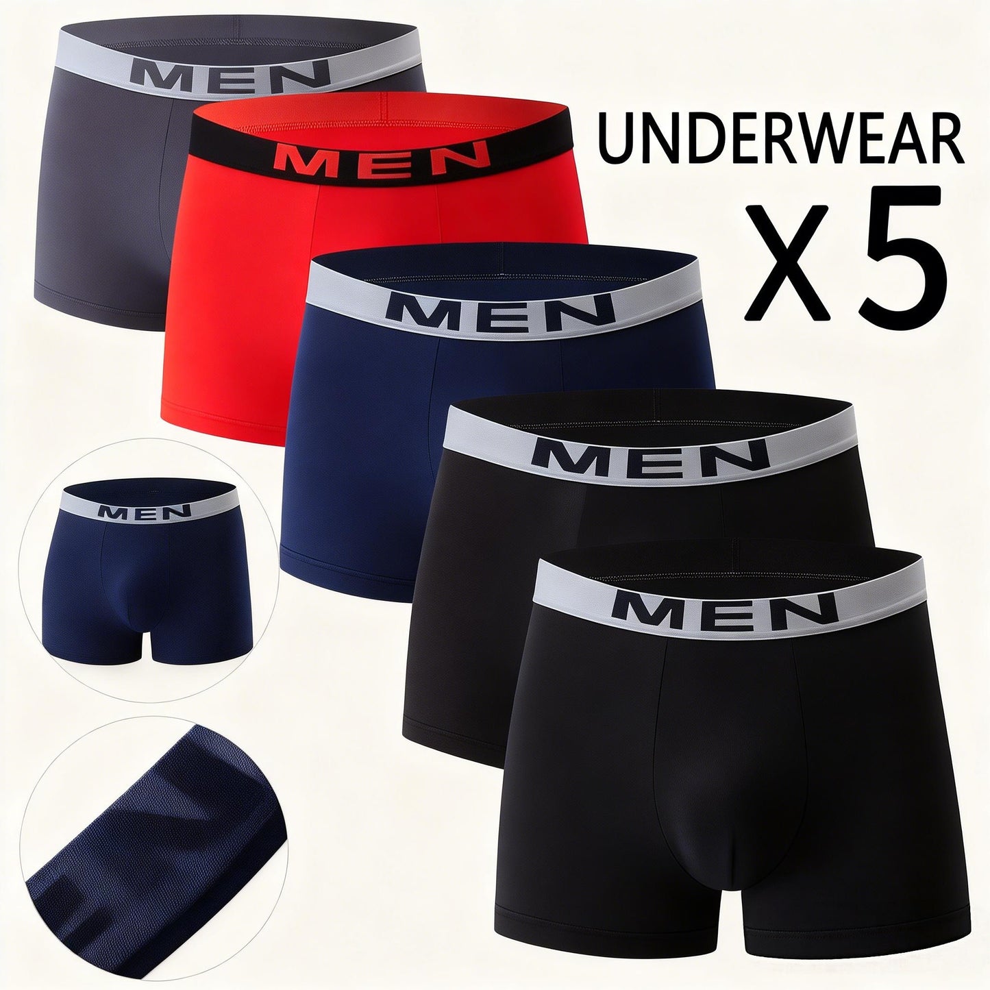 5 pieces Set Of Men's Breathable Boxer Underwear - Comfortable And Stretchy, Solid Color, Casual Sports Underwear Random color