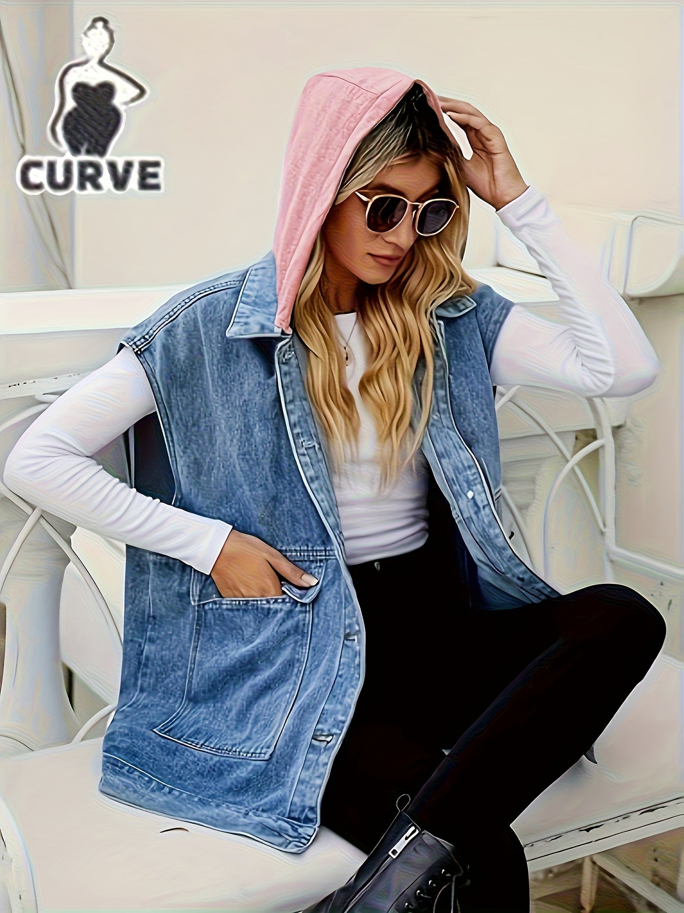 Large Loose Casual Denim Jacket with Hooded Vest, Detachable Hat