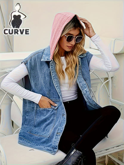 Large Loose Casual Denim Jacket with Hooded Vest, Detachable Hat