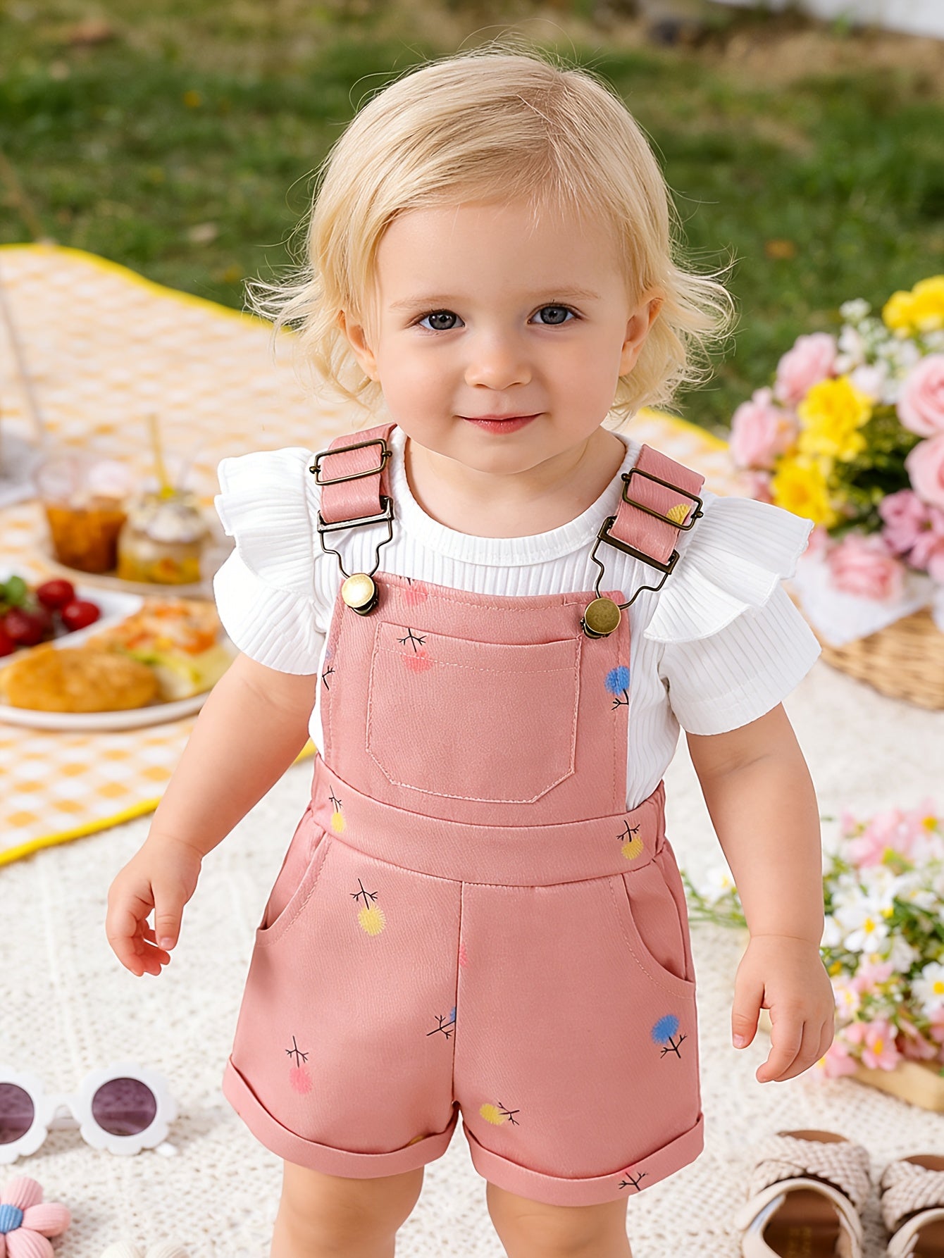 Random 1 Sets Baby Girl Clothes Ribbed Short Sleeved Triangular Jumpsuit Printed Overalls Set, for Outdoor
