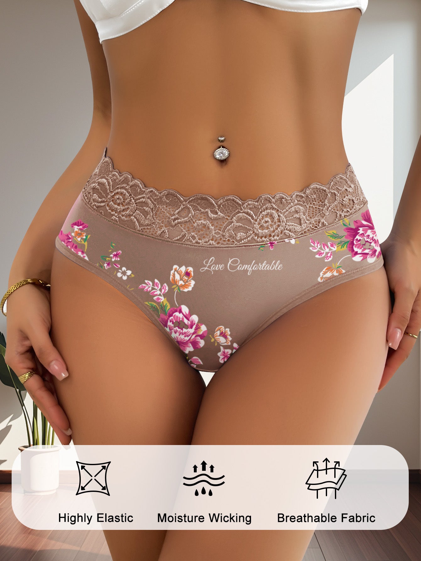 5-Pack Women's Mid-Rise Lace Trim Floral Print Panties Tummy Control Butt Lifting Seamless Invisible Soft Breathable Elegant Briefs for Daily Wear