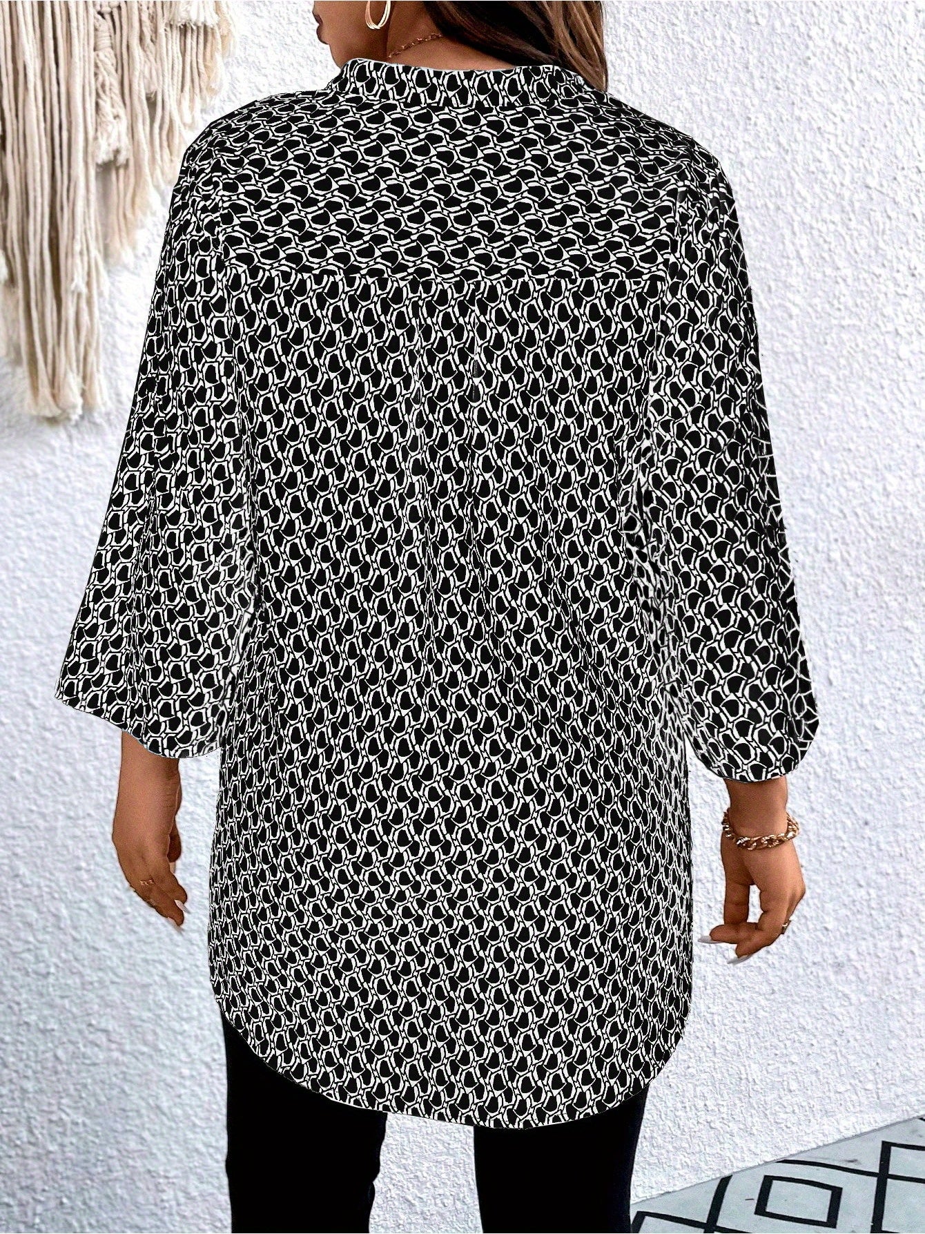 Plus Size, Plus Size Casual Top, Women's Plus Size Allover Print Roll Sleeve Split Neck Tunic Top