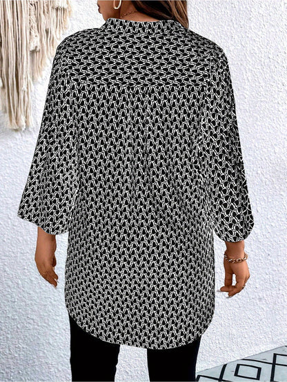 Plus Size, Plus Size Casual Top, Women's Plus Size Allover Print Roll Sleeve Split Neck Tunic Top