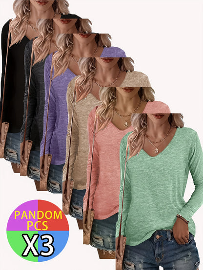 3pcs Women's Spring and Autumn T-shirt Set, Long-sleeved, No Pockets on the Chest, Casual and Comfortable Top.