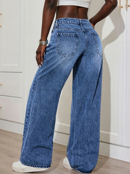 Women'S Denim Trousers Trendy Distressed Mid-Waist Ripped Leisure Straight-Leg Pants