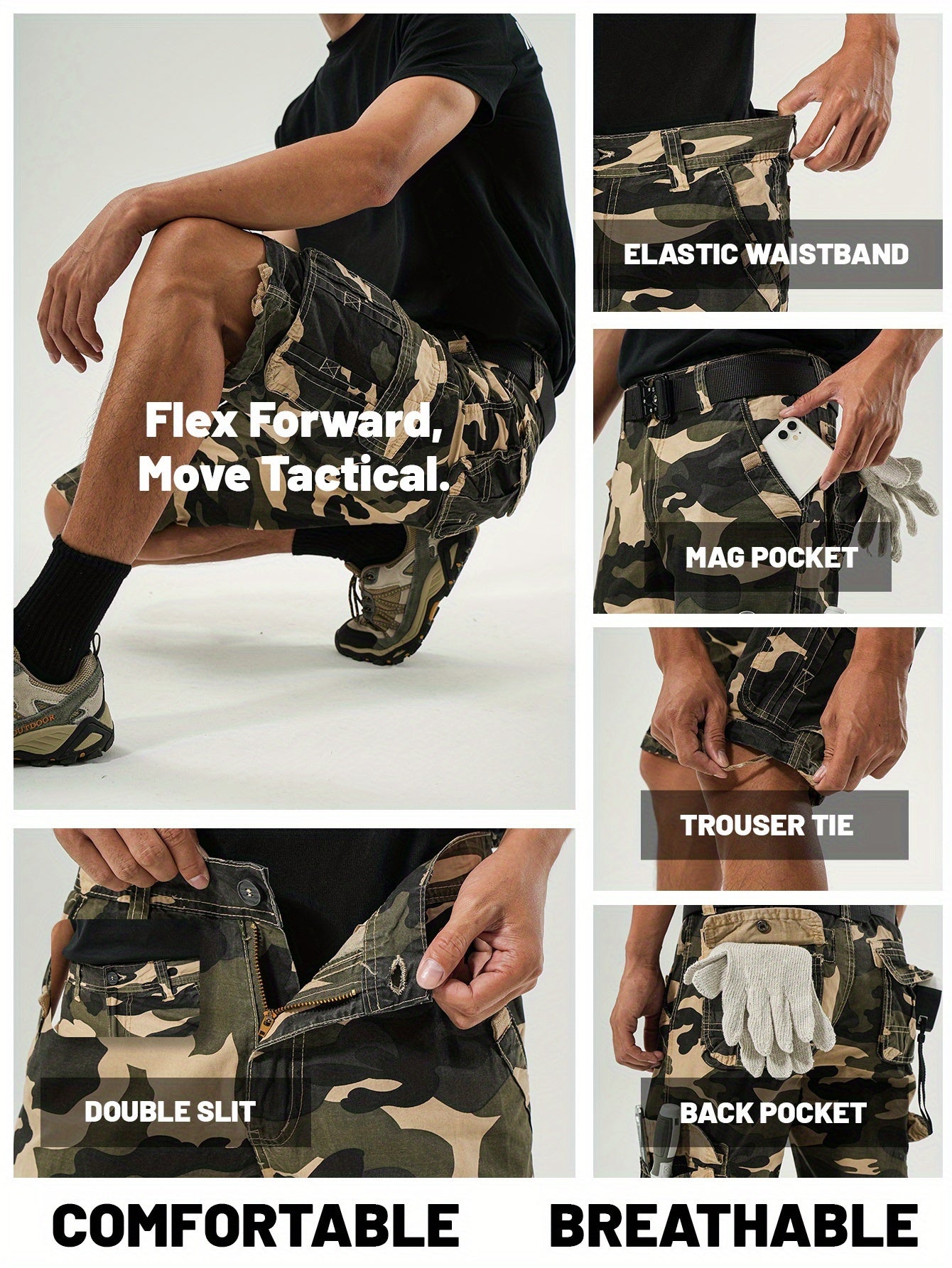 Three-pc Large Size Men's Camouflage Print Outdoor Multi-Pocket Work Shorts, PLUS SIZE