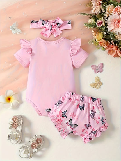 Baby Girl Cute Butterfly Patterned Round Neck Jumpsuit, Casual Bow Printed Shorts And Headband Three-Piece Set, for Outdoor