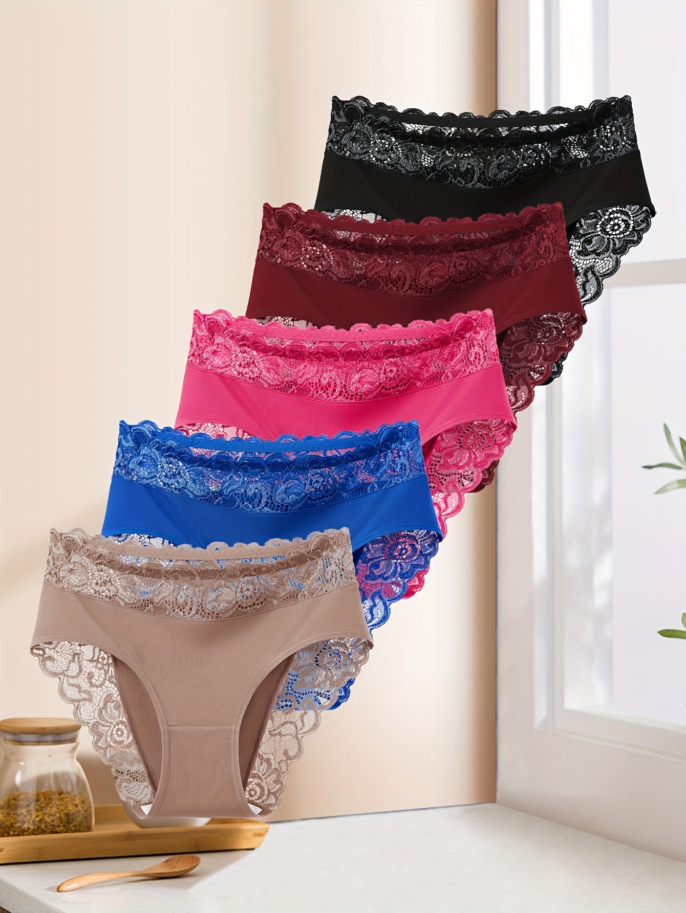 5 Women'S Elegant Lace Splicing Triangle Underwear - Breathable Mid Waist Bikini Underwear, Romantic Holiday Fashion, Solid Color, Comfortable Fashion, Daily Underwear | Elegant Lace Details | Smooth Fiber