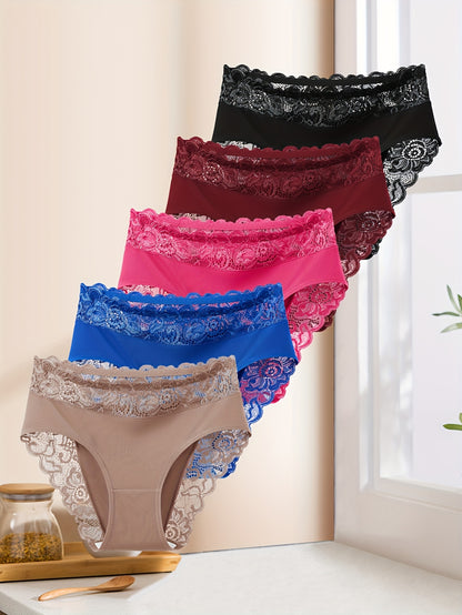 5 Women'S Elegant Lace Splicing Triangle Underwear - Breathable Mid Waist Bikini Underwear, Romantic Holiday Fashion, Solid Color, Comfortable Fashion, Daily Underwear | Elegant Lace Details | Smooth Fiber