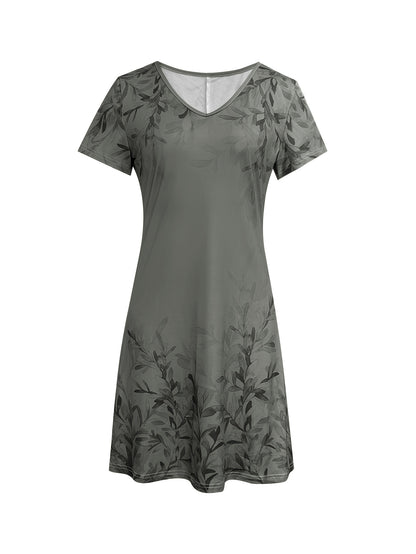 New Fashionable Retro Style Plant Printed Casual Short Sleeved Dress