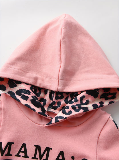 KuKitty Infant Baby Girl Clothes Set Long Sleeve "Mama's Mini" Print Pullover Sports Hooded Tops and Leopard Pants Outfits Set