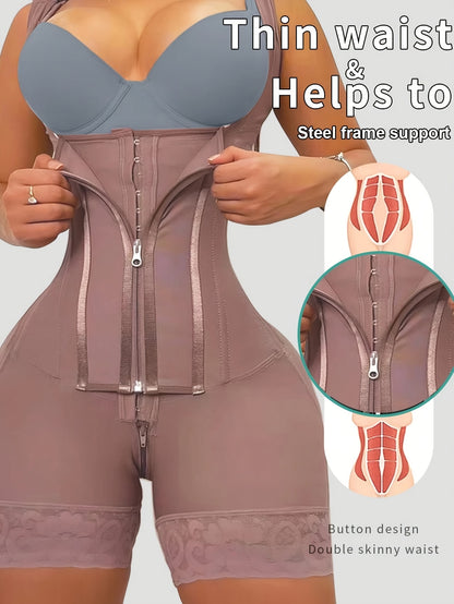 Women's 2-in-1 Adjustable Abdominal Shaping Bodysuit Post-Surgery Abdominal Control Full-Body Bodysuit | Leg-Shaping Shorts Hip-Lifting Zipper-Style Butt Lifter - Suitable for Daily Wear And Exercise | Strong Support Lines, Waist Shaping Garment