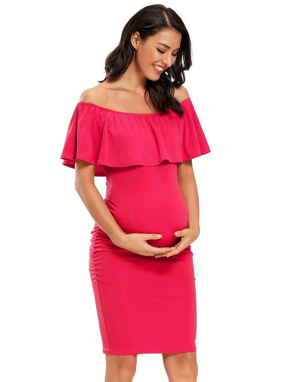 Women's Maternity Dress Off Shoulder Ruffle Sleeveless Bodycon Dress for Baby Shower