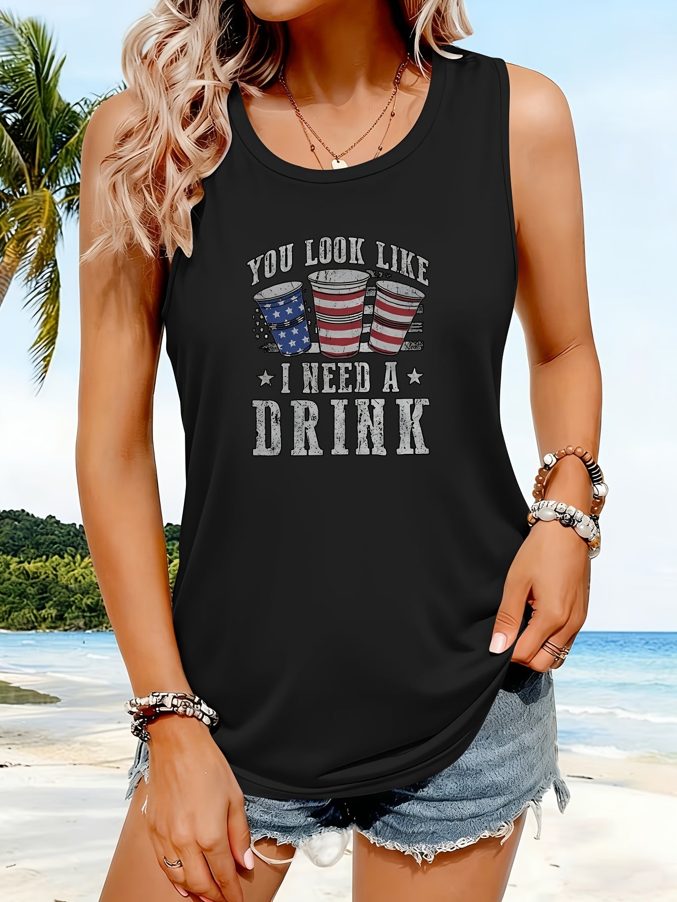Women's Tank Top T-Shirt, Printed Tank Top T-Shirt, Sleeveless Tank Top T-Shirt, Women's Casual Tank Top T-Shirt 'Looks Like I Need a Beer' Humorous Pattern Print- American Flag Beer Mug, Star Design, Lightweight Summer Crew Neck Top
