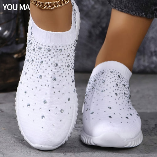 Women's Rhinestone Slip On Sneakers Sparkly Knit Walking Shoes Comfort Breathable Mesh Athletic Footwear Casual Bling Tennis Shoes Flat Loafers for Daily Wear Work Travel Trendy Lightweight Ladies
