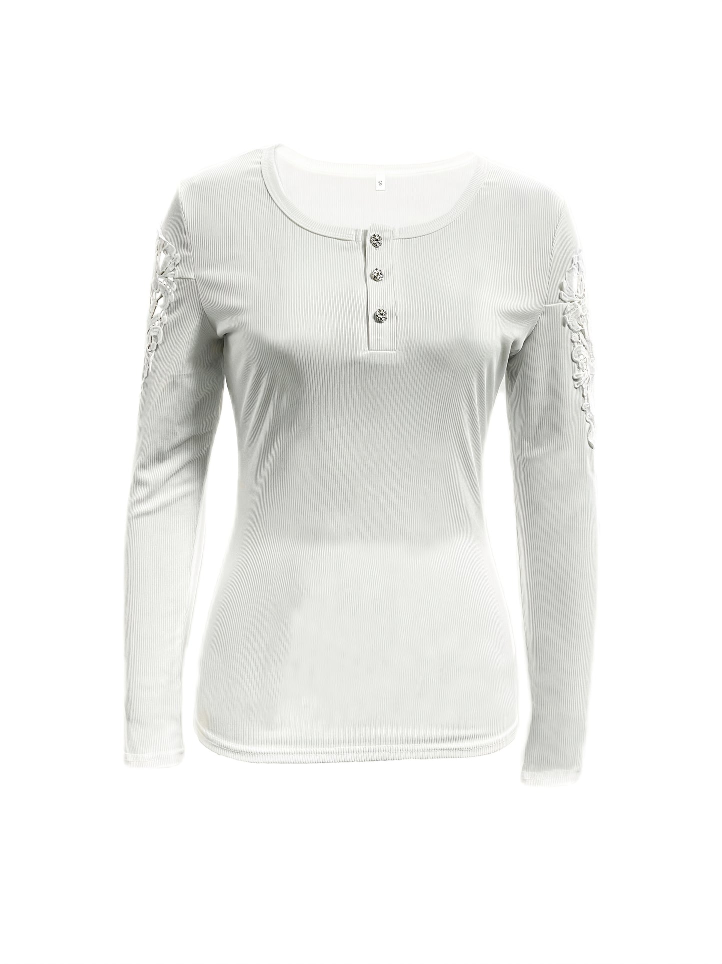 Women's Slim Fit Lace Sleeve Contrast Detail Button-Front T-Shirt - Solid Color Casual Chic Top, Machine Washable All-Season Versatile Wardrobe Staple, Versatile Fashion | Lace Detailed Tee | Quality Stitching, Lace Trim