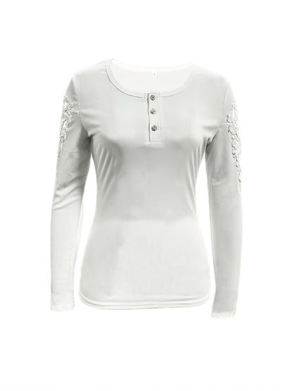 Women's Slim Fit Lace Sleeve Contrast Detail Button-Front T-Shirt - Solid Color Casual Chic Top, Machine Washable All-Season Versatile Wardrobe Staple, Versatile Fashion | Lace Detailed Tee | Quality Stitching, Lace Trim