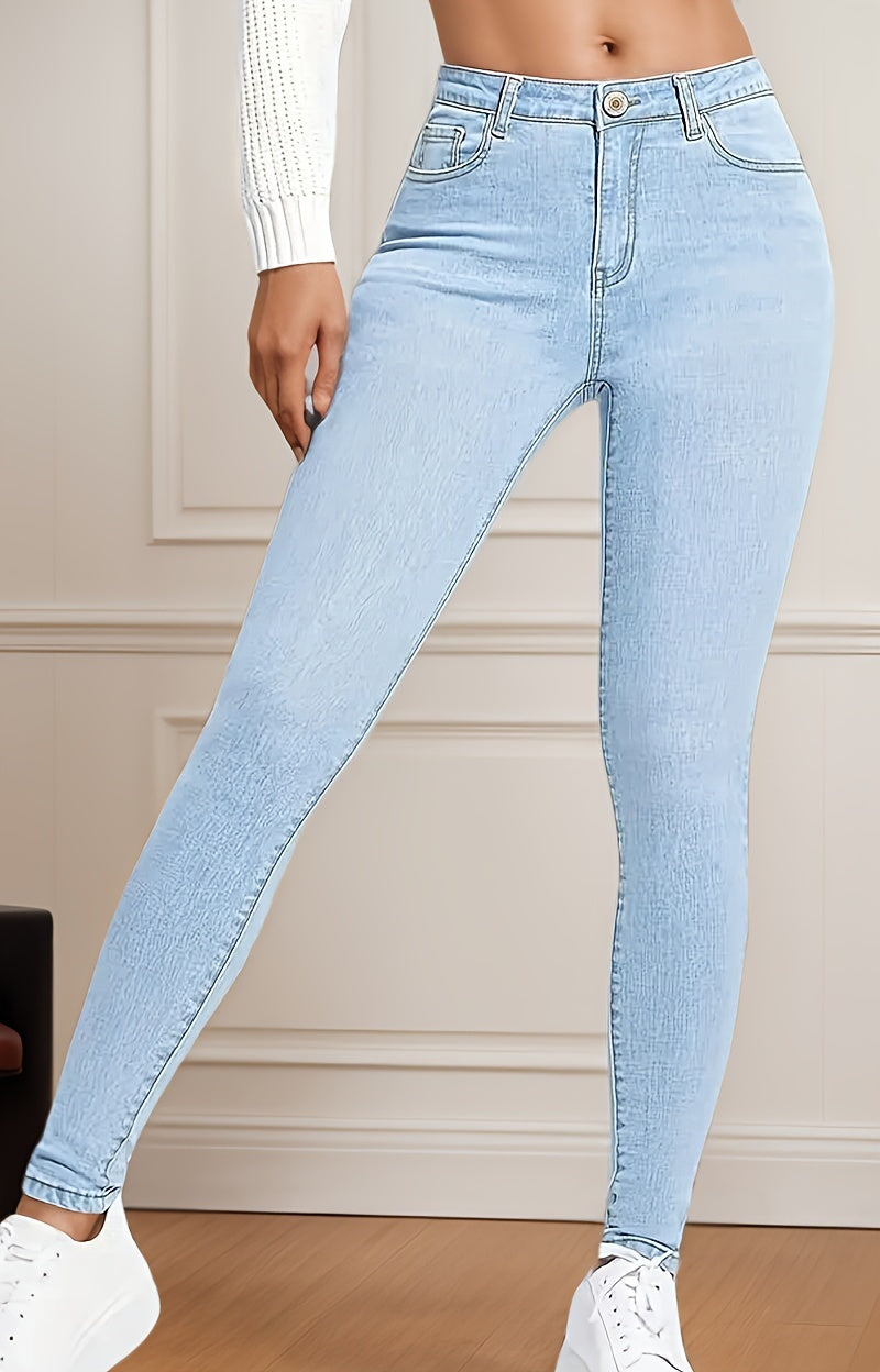 High-Rise Slim Fit Blue Jeans - Stretchy Denim, Slant Pockets, Comfortable High-Stretch Fabric, Womens Fashionable Denim Pants for Casual Attire - Premium Quality, Soft Touch, And Stylish Design