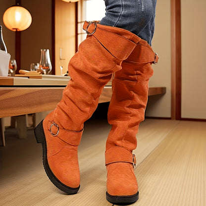 Women'S Ruched Slouchy Boots, Chunky Heel Long Boots, Versatile Over-The-Knee Boots, Women Shoes